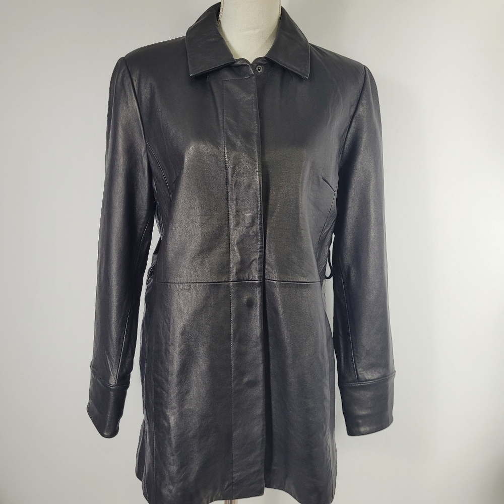 Kathy Ireland black leather trench coat size medium